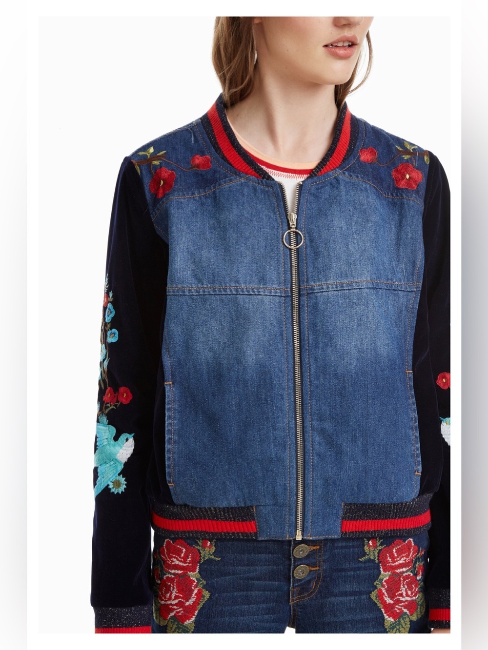 Desigual Embroidered Denim Velvet Bomber Jacket Tiger Birds EU 46 XL - Picture 3 of 16